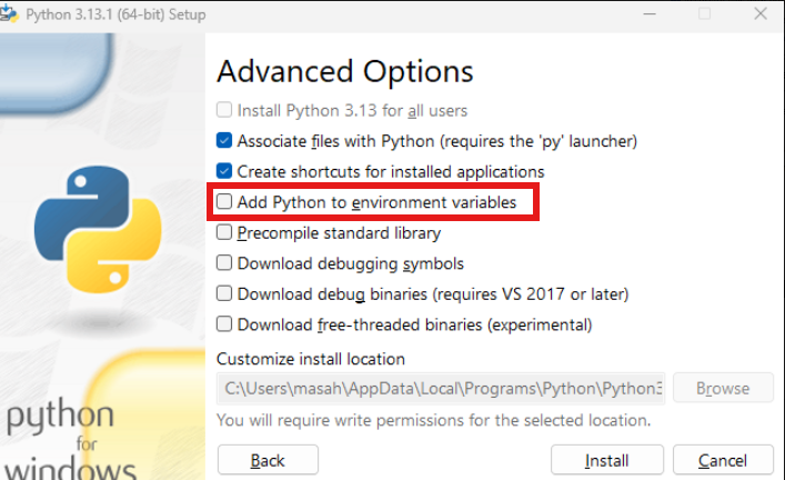 Pythonで「Add Python to PATH」にチェックを入れる