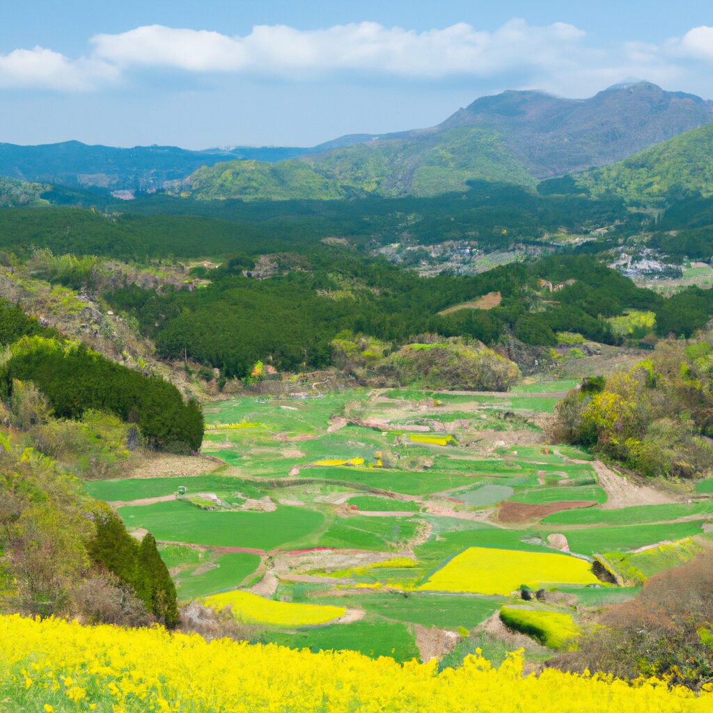 うっすらと靄のかかった、春の山々の風景