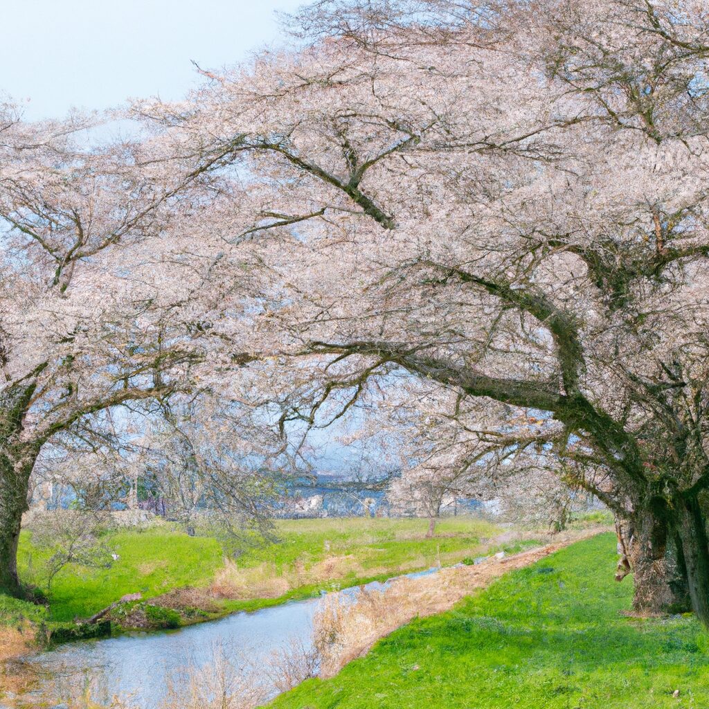 河原に美しく咲き誇る桜並木