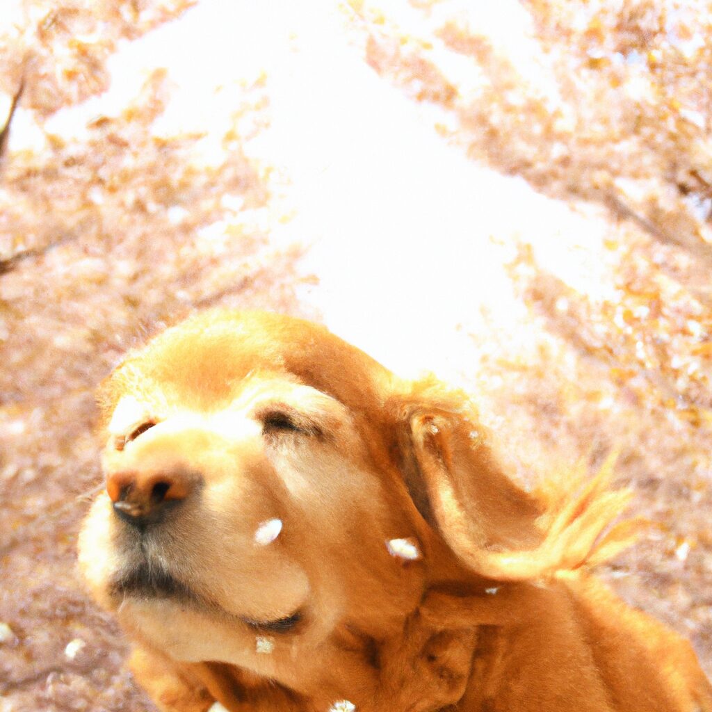 桜並木の下を駆けまわる茶色い犬