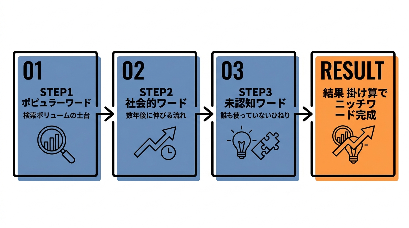 掛け算ワードを見つける3ステップ(ポピュラー×社会的×未認知)の横フロー図