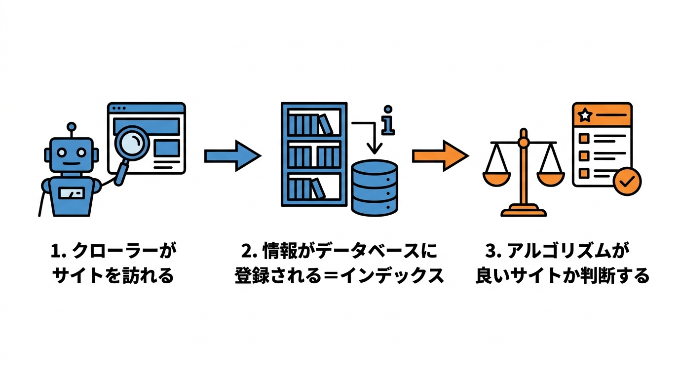 検索順位が決まる流れ。クローラー巡回→インデックス登録→アルゴリズムが評価