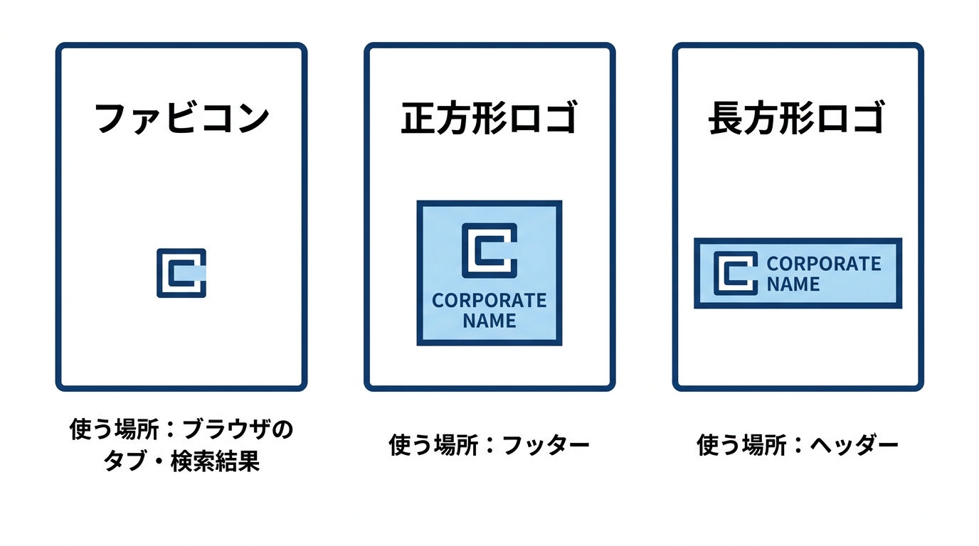 WEBサイトで使うロゴ3種類(ファビコン・正方形・長方形)の形と使う場所の比較図