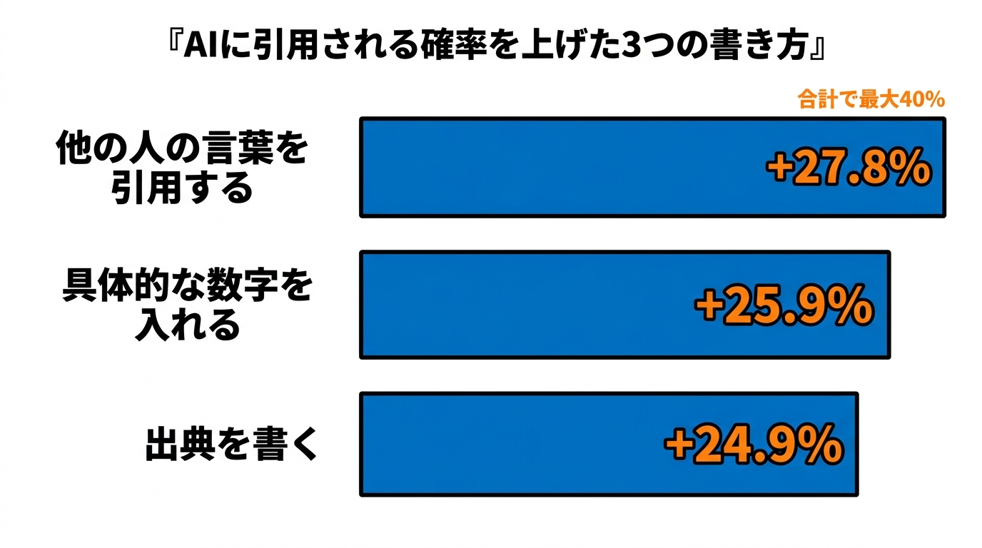 AIに引用される確率を上げた3つの書き方と効果量(引用+27.8%・数字+25.9%・出典+24.9%)