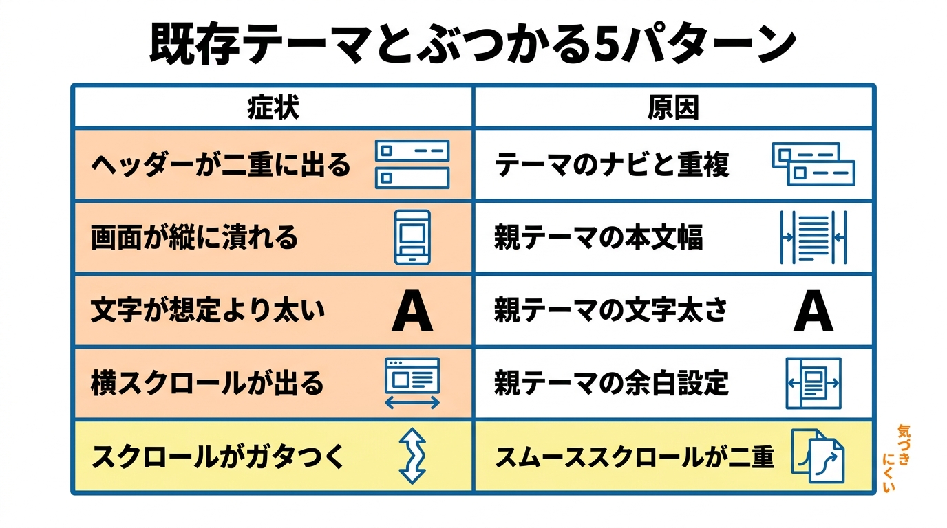 既存テーマとの干渉5パターンと原因の対応表
