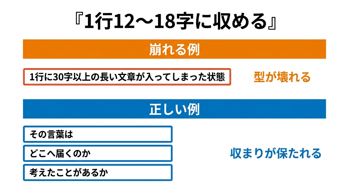 1行12〜18字に収める。30字以上入れると型が崩れる