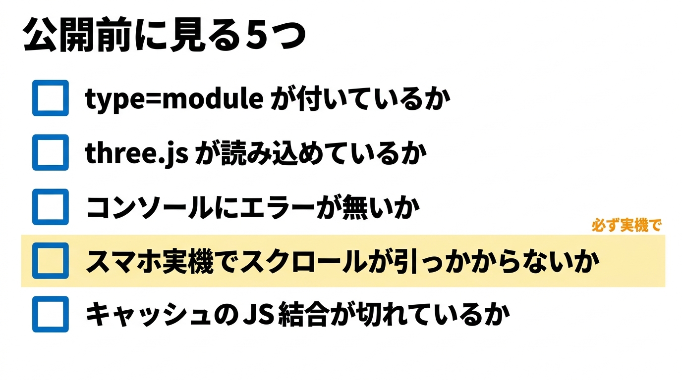 公開前チェックリスト5項目。スマホ実機での確認が重要
