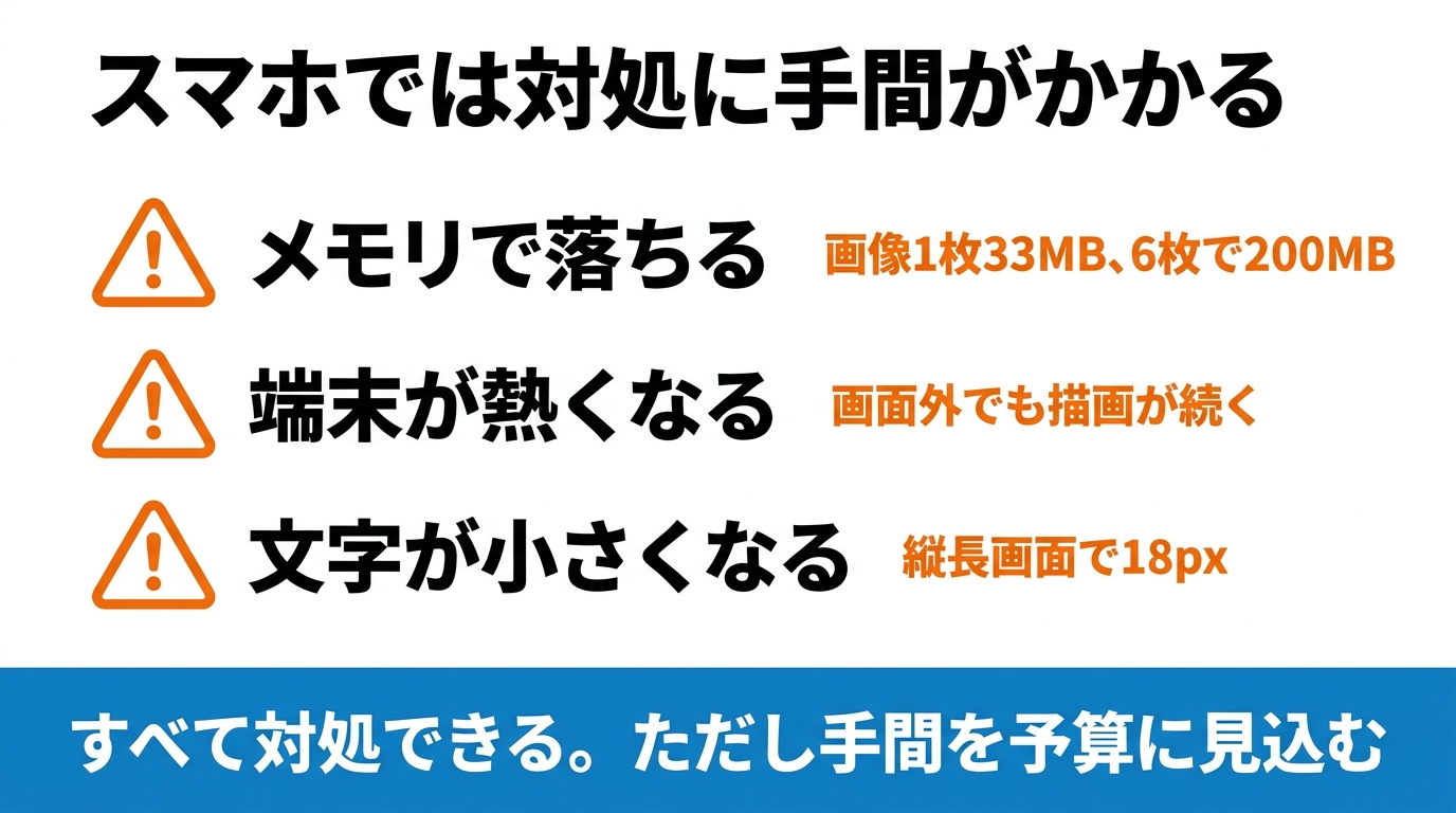 メモリで落ちる・端末が熱くなる・文字が小さくなるの3点