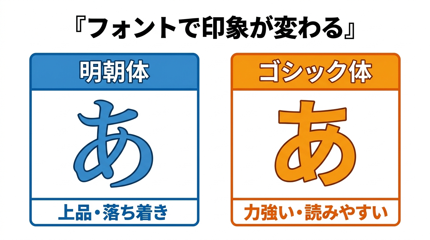 明朝体は上品で落ち着き、ゴシック体は力強く読みやすい印象になる
