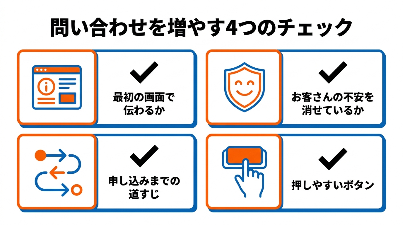 問い合わせを増やす4つのチェック:最初の画面で伝わるか・不安を消せているか・申し込みまでの道すじ・押しやすいボタン
