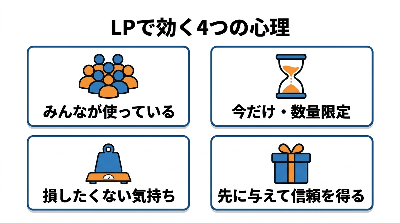 LPで効く4つの心理:みんなが使っている・今だけ数量限定・損したくない気持ち・先に与えて信頼を得る