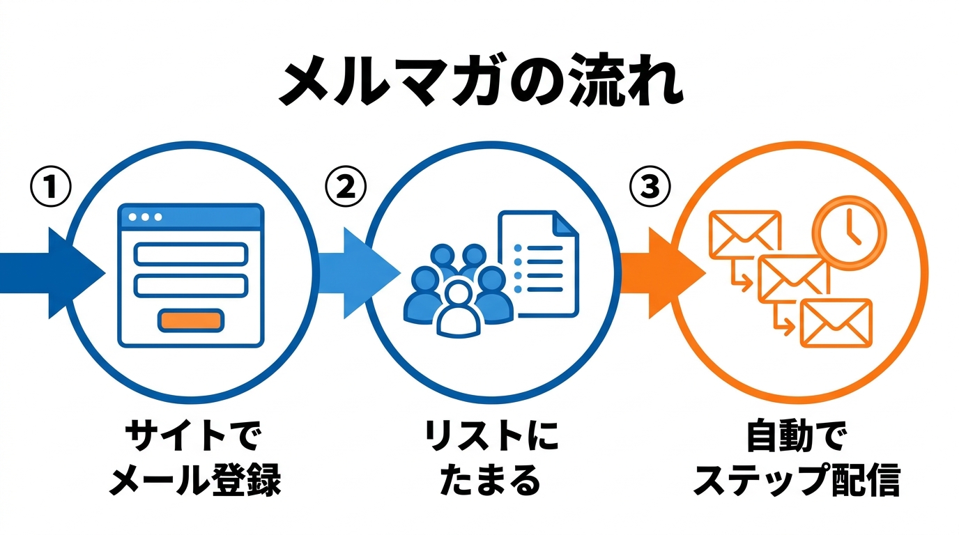 メルマガの流れ:サイトでメール登録→リストにたまる→自動でステップ配信