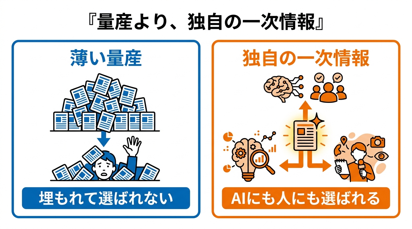 薄い量産は埋もれて選ばれず、独自の一次情報はAIにも人にも選ばれる