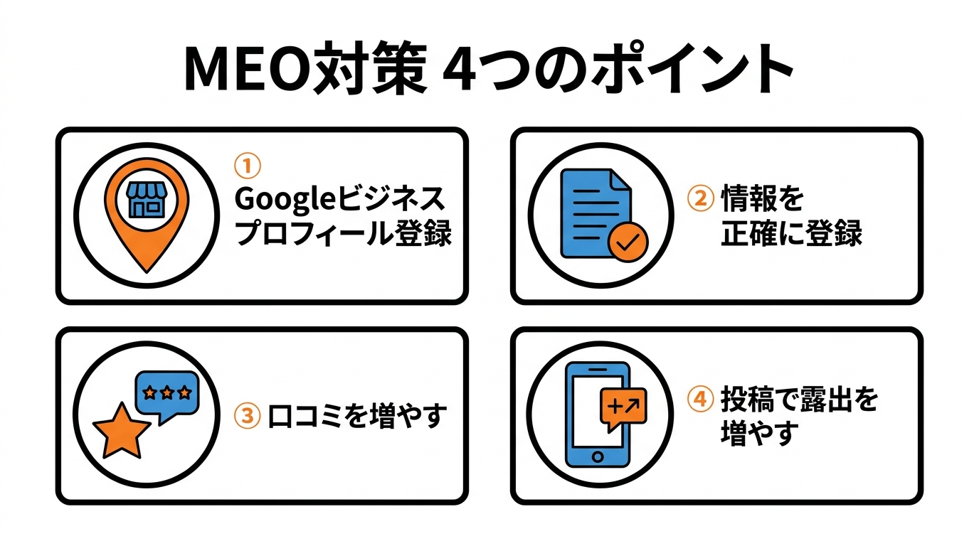 MEO対策4つのポイント:Googleビジネスプロフィール登録・情報を正確に登録・口コミを増やす・投稿で露出を増やす