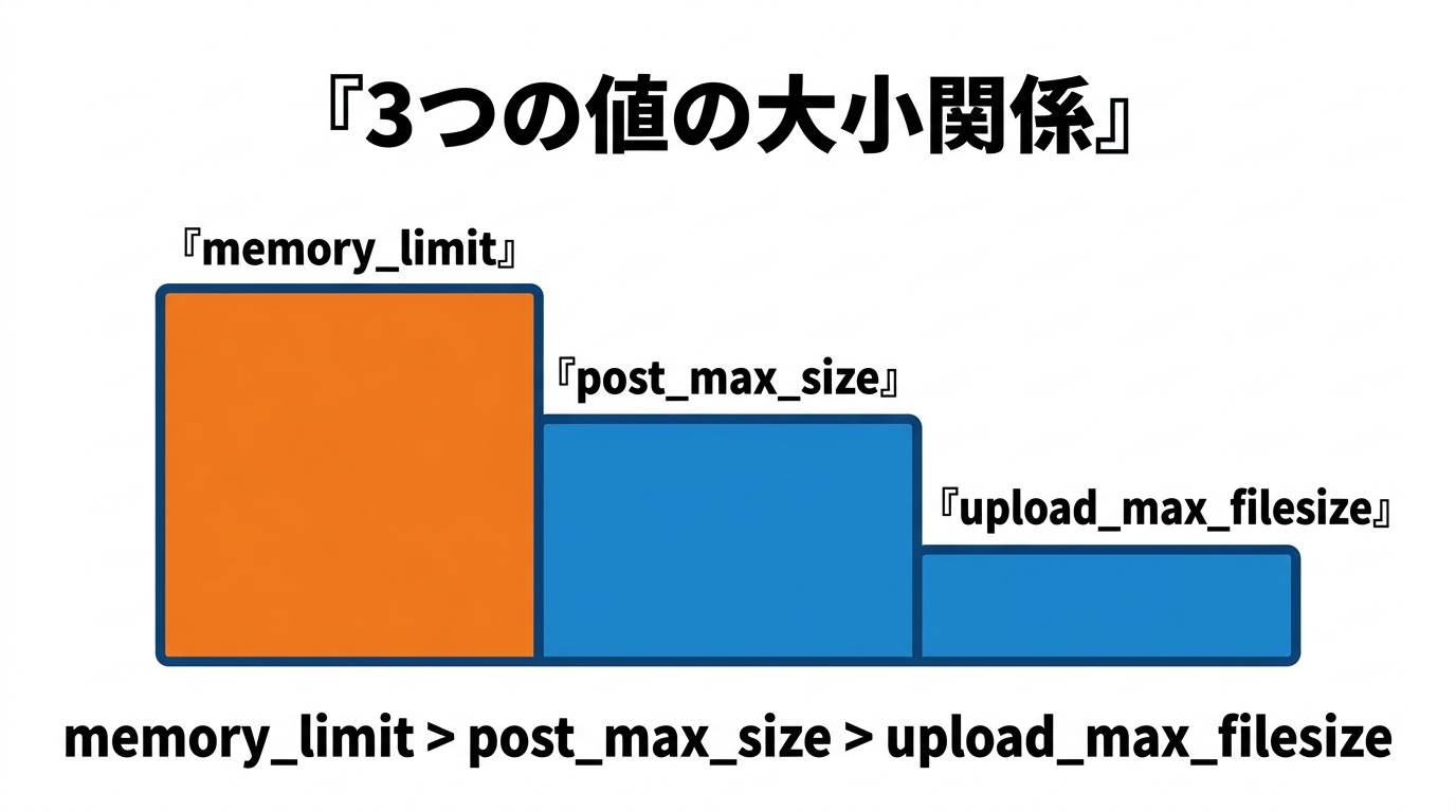 memory_limitを一番大きく、post_max_sizeを中間、upload_max_filesizeを一番小さく設定するという3つの値の大小関係の図