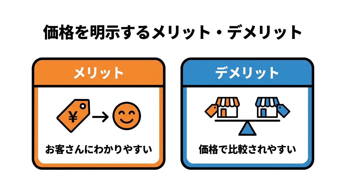 価格を明示するメリットはお客さんにわかりやすいこと、デメリットは価格で比較されやすいこと