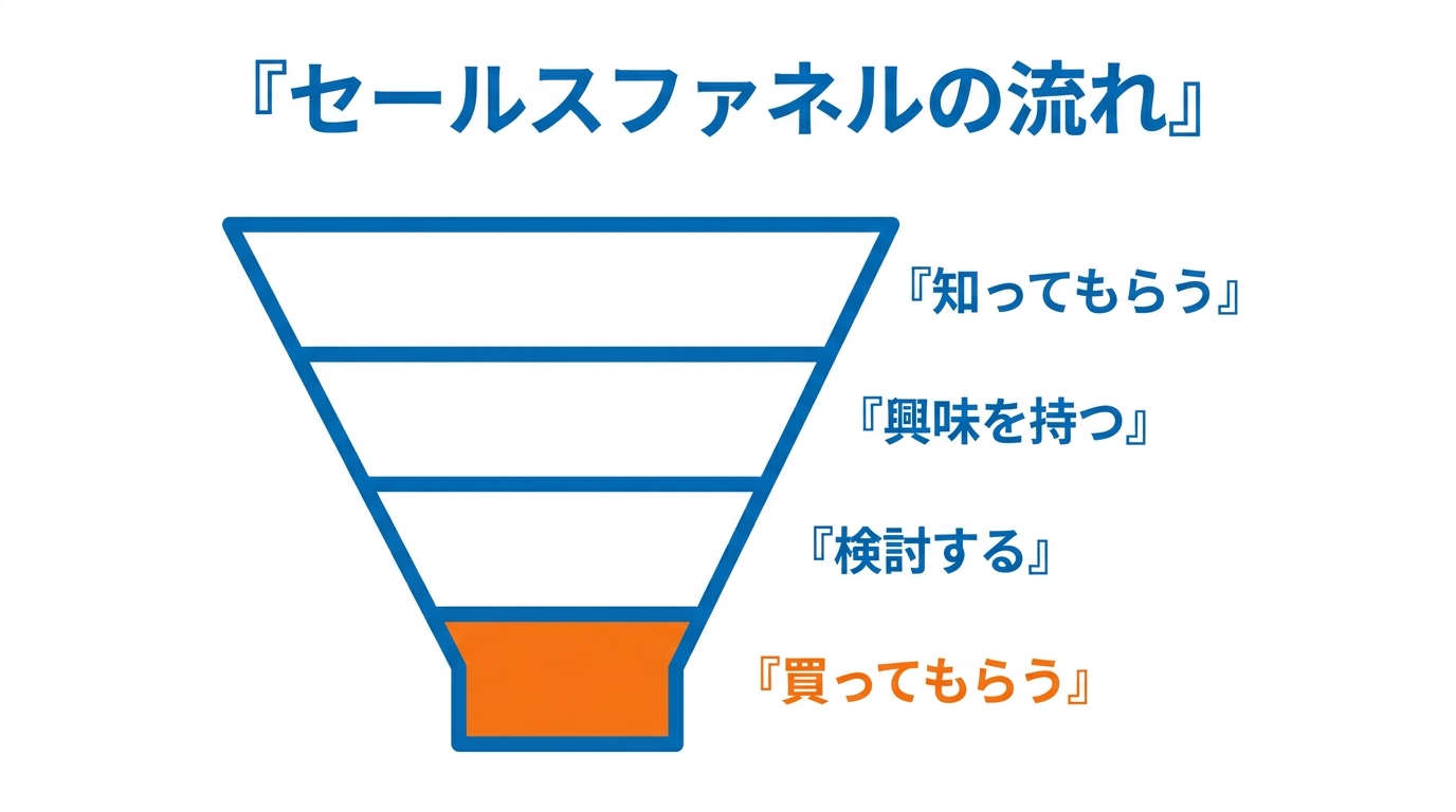 セールスファネルの流れ:知ってもらう→興味を持つ→検討する→買ってもらう