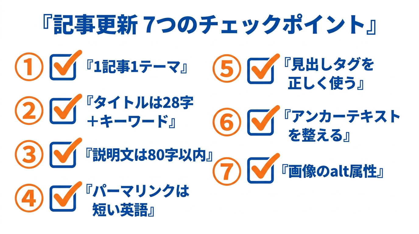記事更新7つのSEOチェックポイント(1記事1テーマ・タイトル28字+キーワード・説明文80字・パーマリンク短い英語・見出しタグ・アンカーテキスト・画像alt)