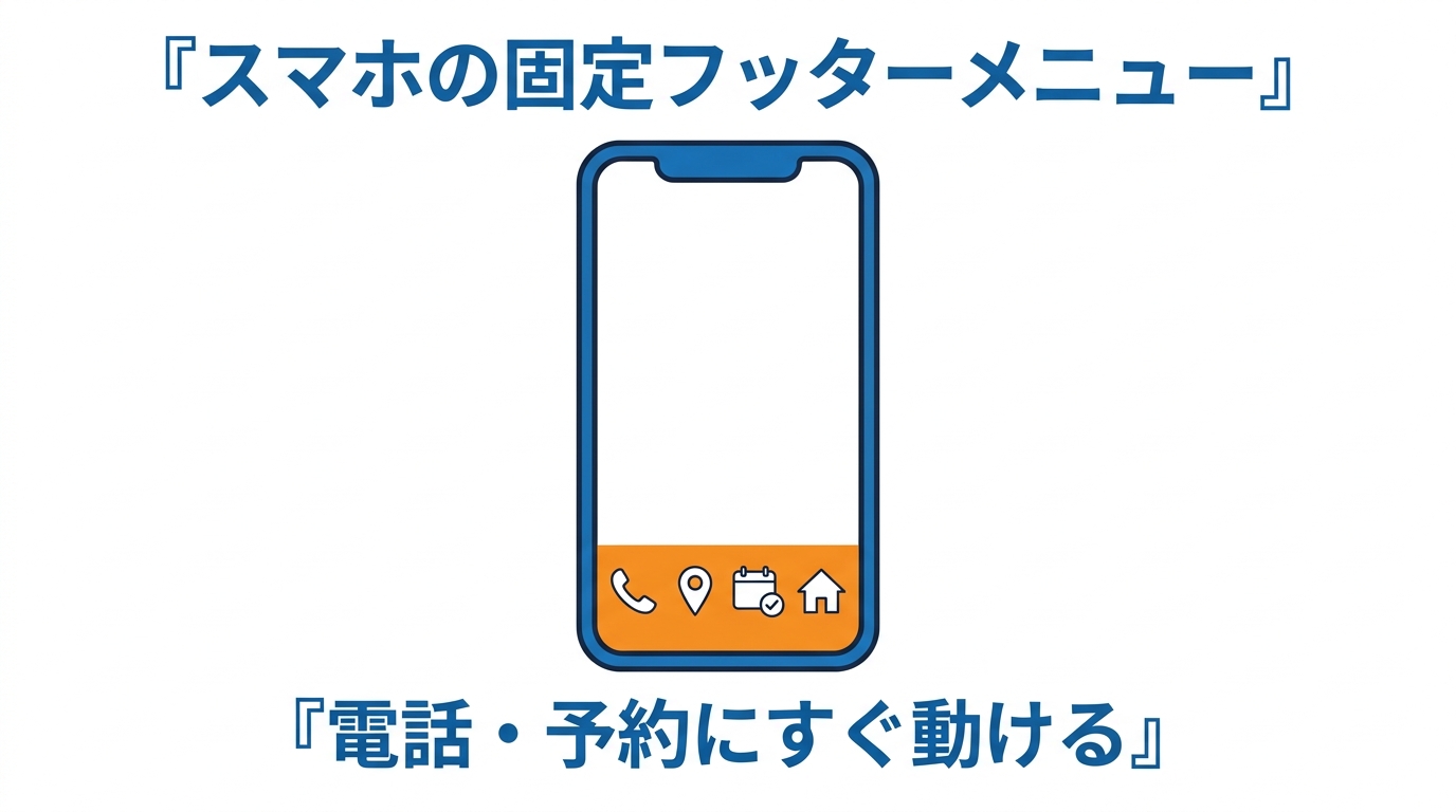 スマホ下部に固定されるフッターメニューで、電話や予約にすぐ動ける
