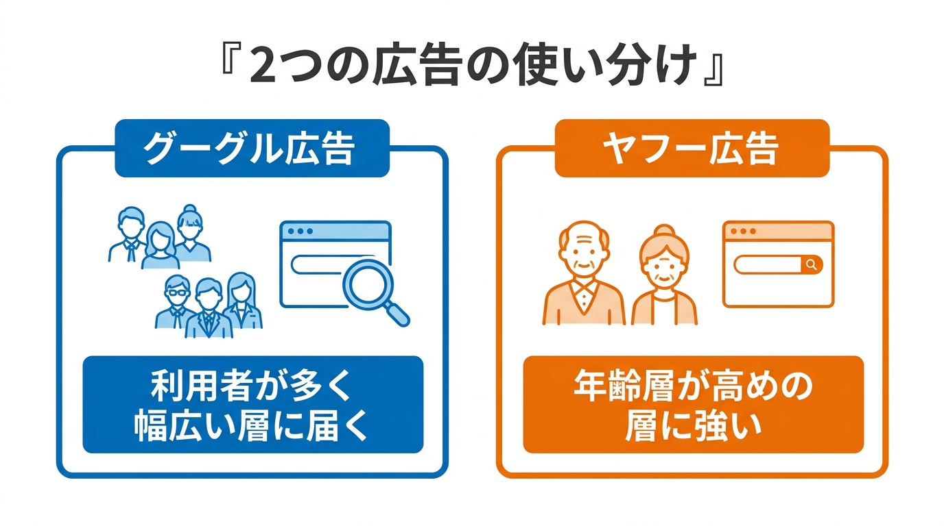 グーグル広告は幅広い層に届き、ヤフー広告は年齢層が高めの層に強い