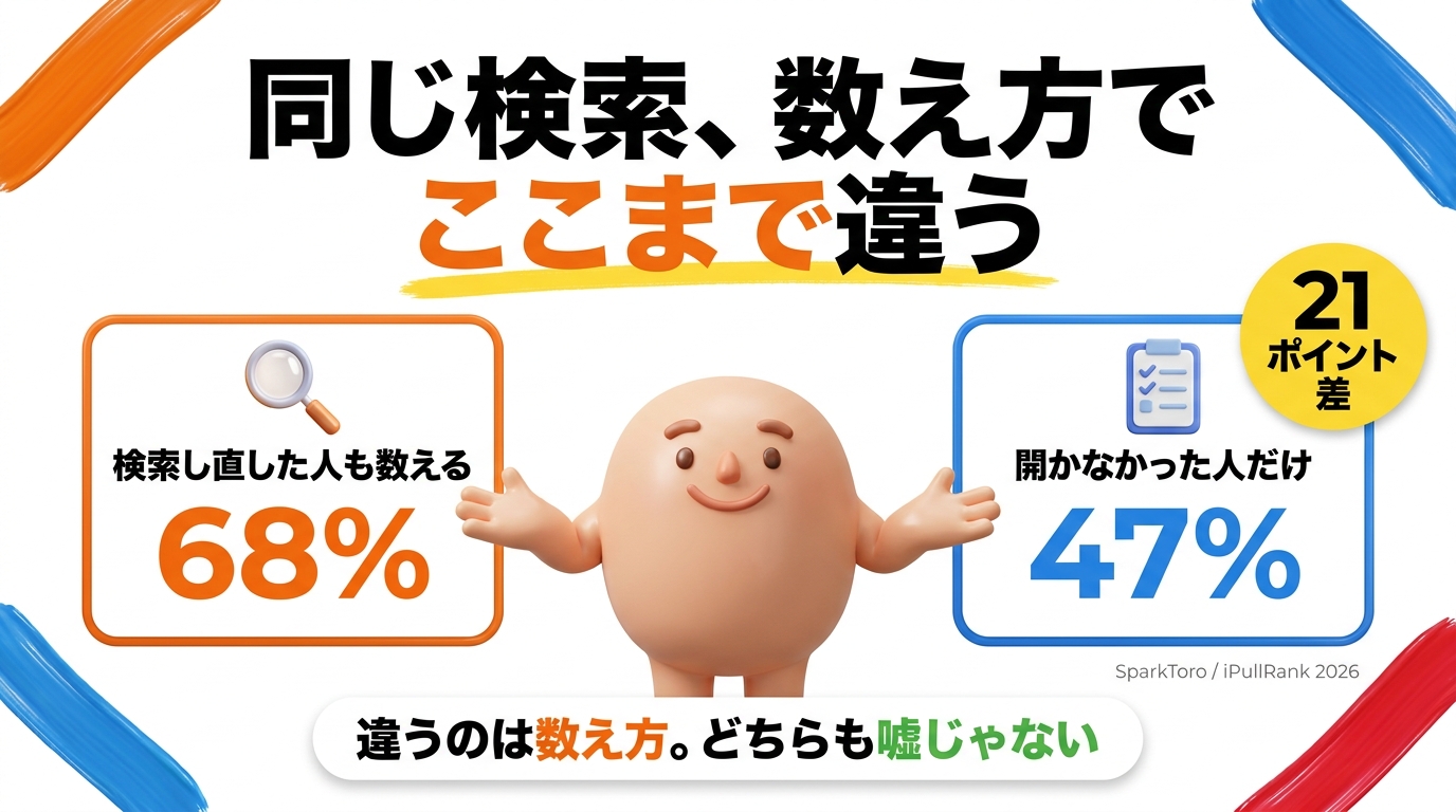 ゼロクリック率の数え方の違いを示す図解：検索し直した人も数えると68%、開かなかった人だけなら47%で21ポイント差