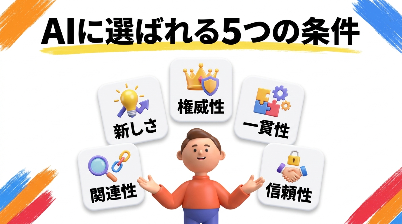 AIに選ばれるホームページの5つの条件(F.A.C.T.Sモデル)の図解