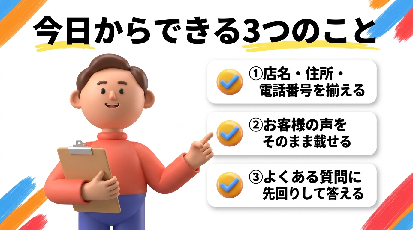 AIに選ばれるホームページのために今日からできる3つのことの図解