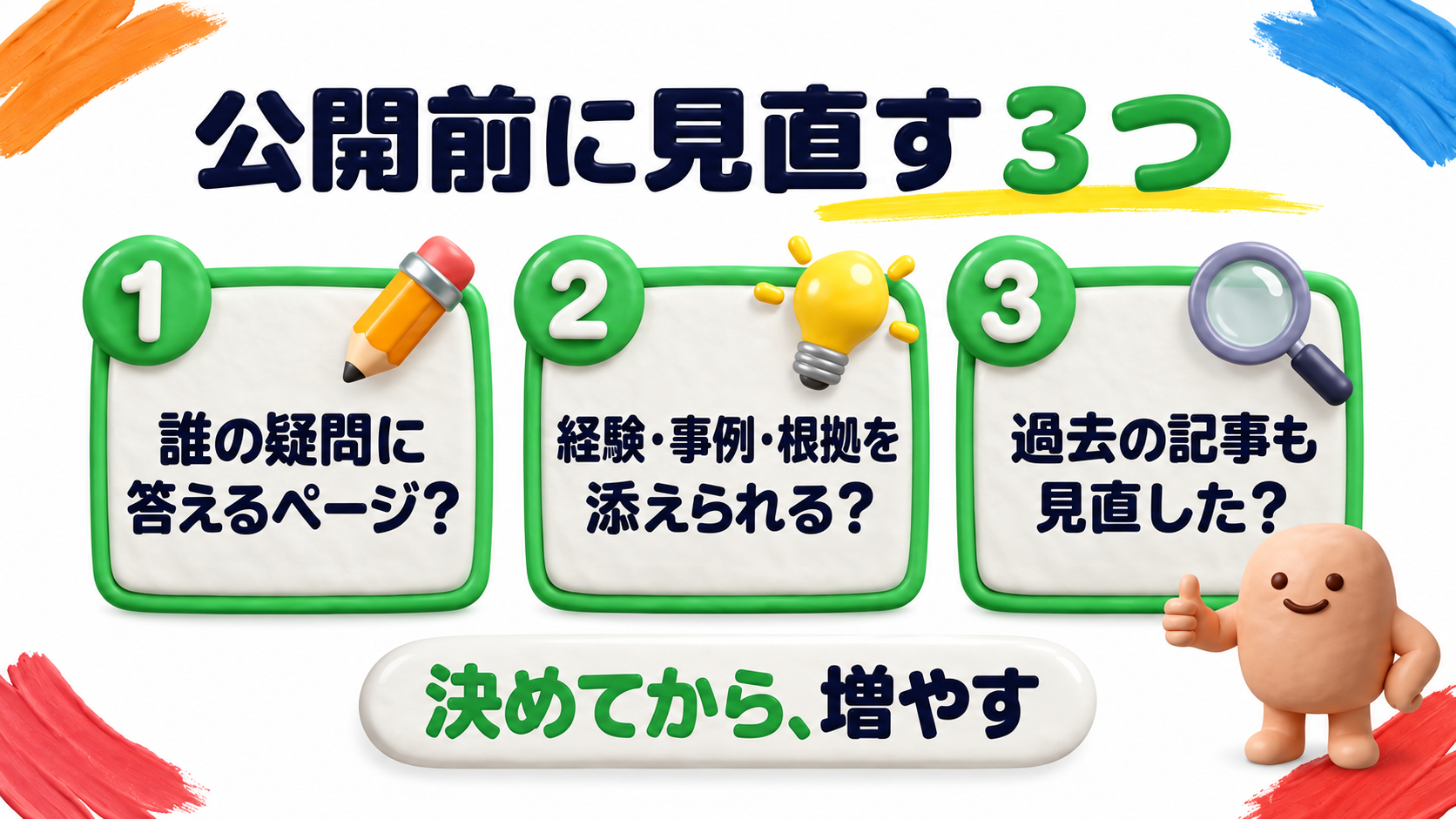 公開前に見直す3つ。誰の疑問に答えるか、経験・事例・根拠を添えられるか、過去の記事も見直したか。決めてから増やす