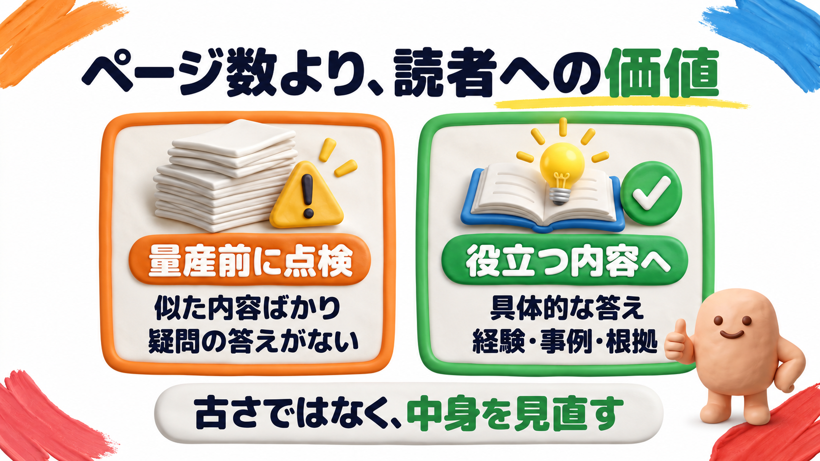 ページ数より読者への価値。似た内容や答えのないページを点検し、具体的な答えと経験・事例・根拠を添える。古さではなく中身を見直す