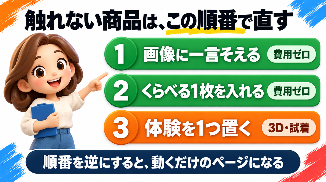 触れない商品の商品ページを直す順番。1画像に一言そえる、2くらべる1枚を入れる、3体験を1つ置く