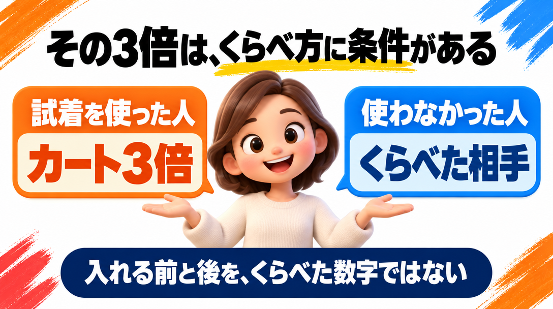 バーチャル試着のカート3倍は、試着を使った人と使わなかった人を比べた数字で、導入前後の比較ではないことを示す図解