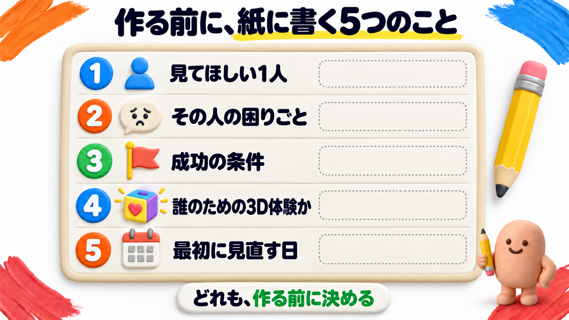 作る前に紙に書く5つのこと。見てほしい1人、その人の困りごと、成功の条件、誰のための3D体験か、最初に見直す日。どれも作る前に決める。