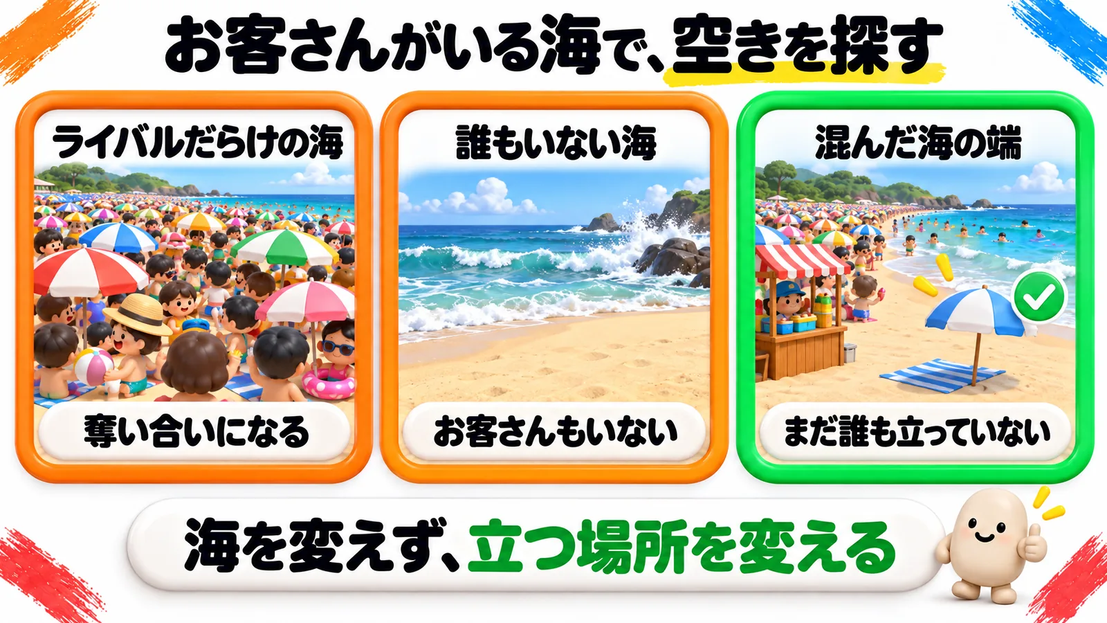 お客さんがいる海で、空きを探す図。ライバルだらけの海は奪い合いになる、誰もいない海にはお客さんもいない、混んだ海の端はまだ誰も立っていない。海を変えず、立つ場所を変える。