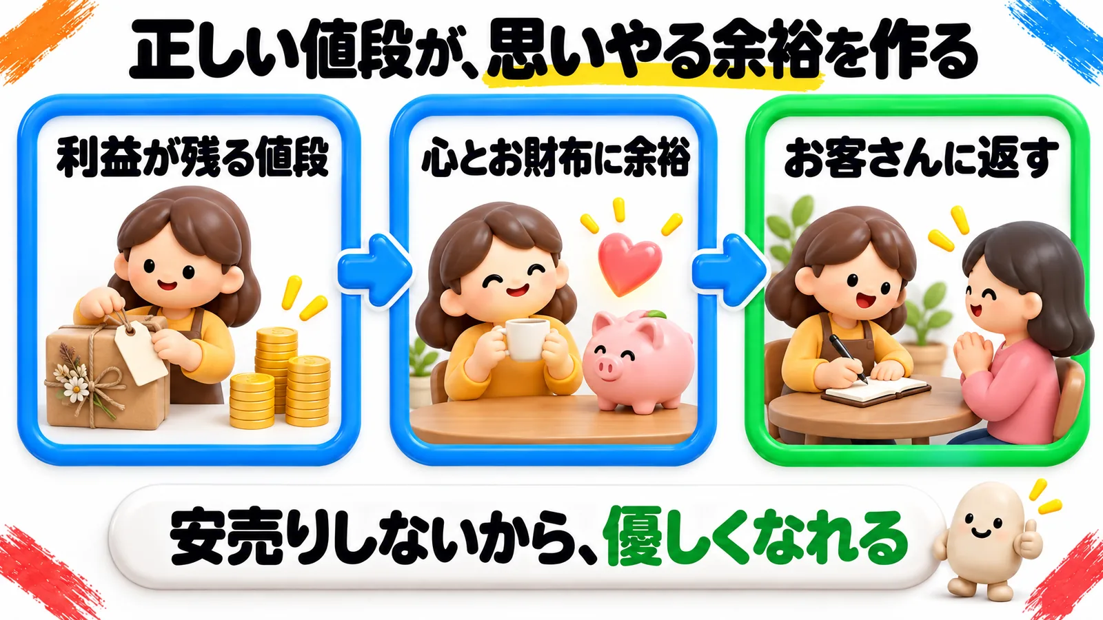 「正しい値段が、思いやる余裕を作る」という見出しの図解で、青の枠の「利益が残る値段」、青の枠の「心とお財布に余裕」、緑の枠の「お客さんに返す」が、左から順に矢印でつながっている。下の帯に「安売りしないから、優しくなれる」。