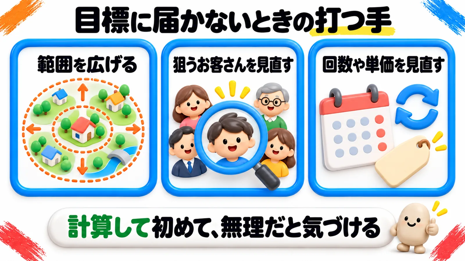 「目標に届かないときの打つ手」という見出しの図解。青い枠が3つ並び、「範囲を広げる」「狙うお客さんを見直す」「回数や単価を見直す」と書かれている。下の帯に「計算して初めて、無理だと気づける」。