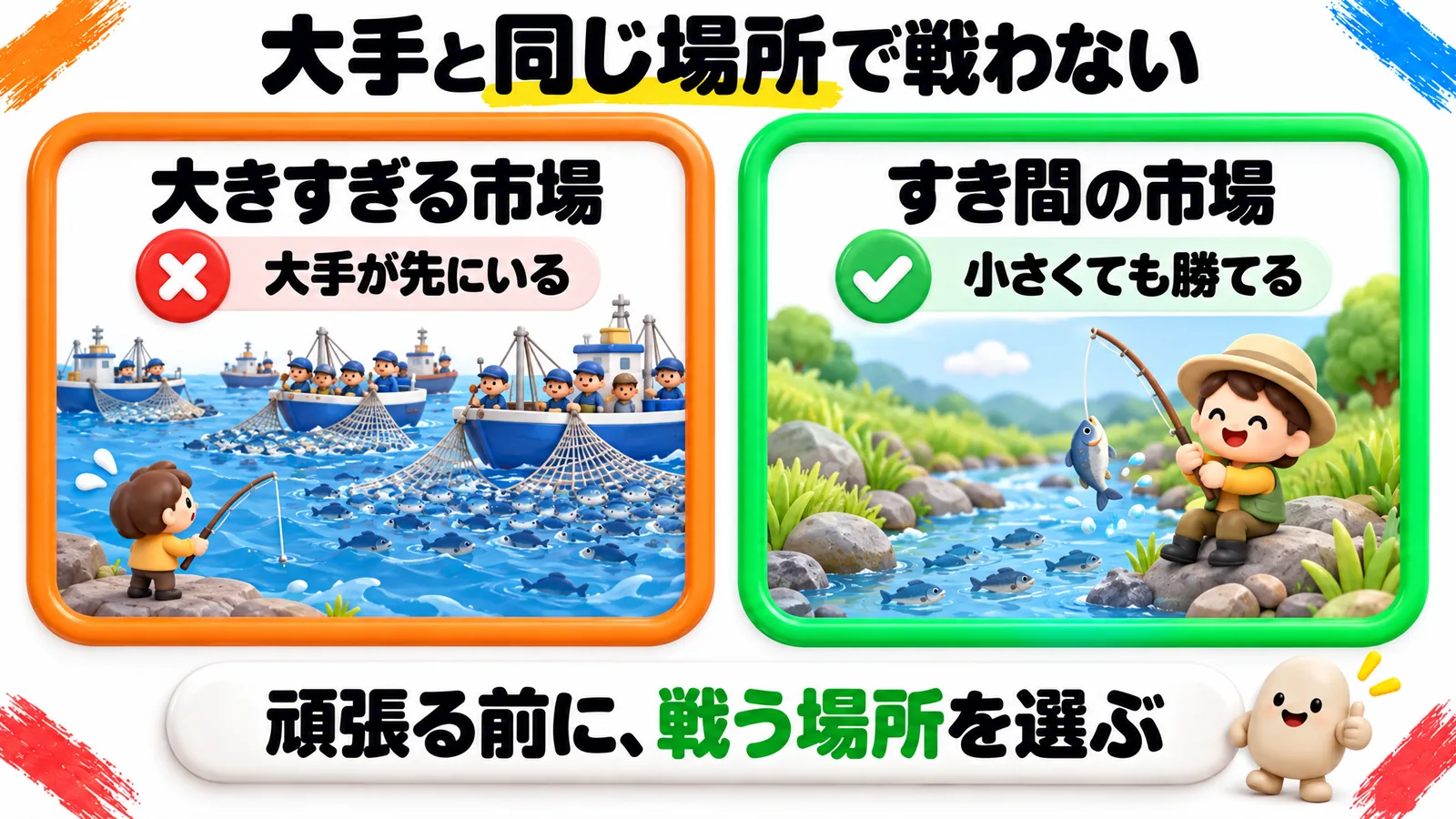 「大手と同じ場所で戦わない」という見出しの図解。左のオレンジの枠は「大きすぎる市場」「大手が先にいる」で大きな漁船が網を広げる湖、右の緑の枠は「すき間の市場」「小さくても勝てる」で釣り人が1人だけ魚を釣る小川が描かれている。下の帯に「頑張る前に、戦う場所を選ぶ」。
