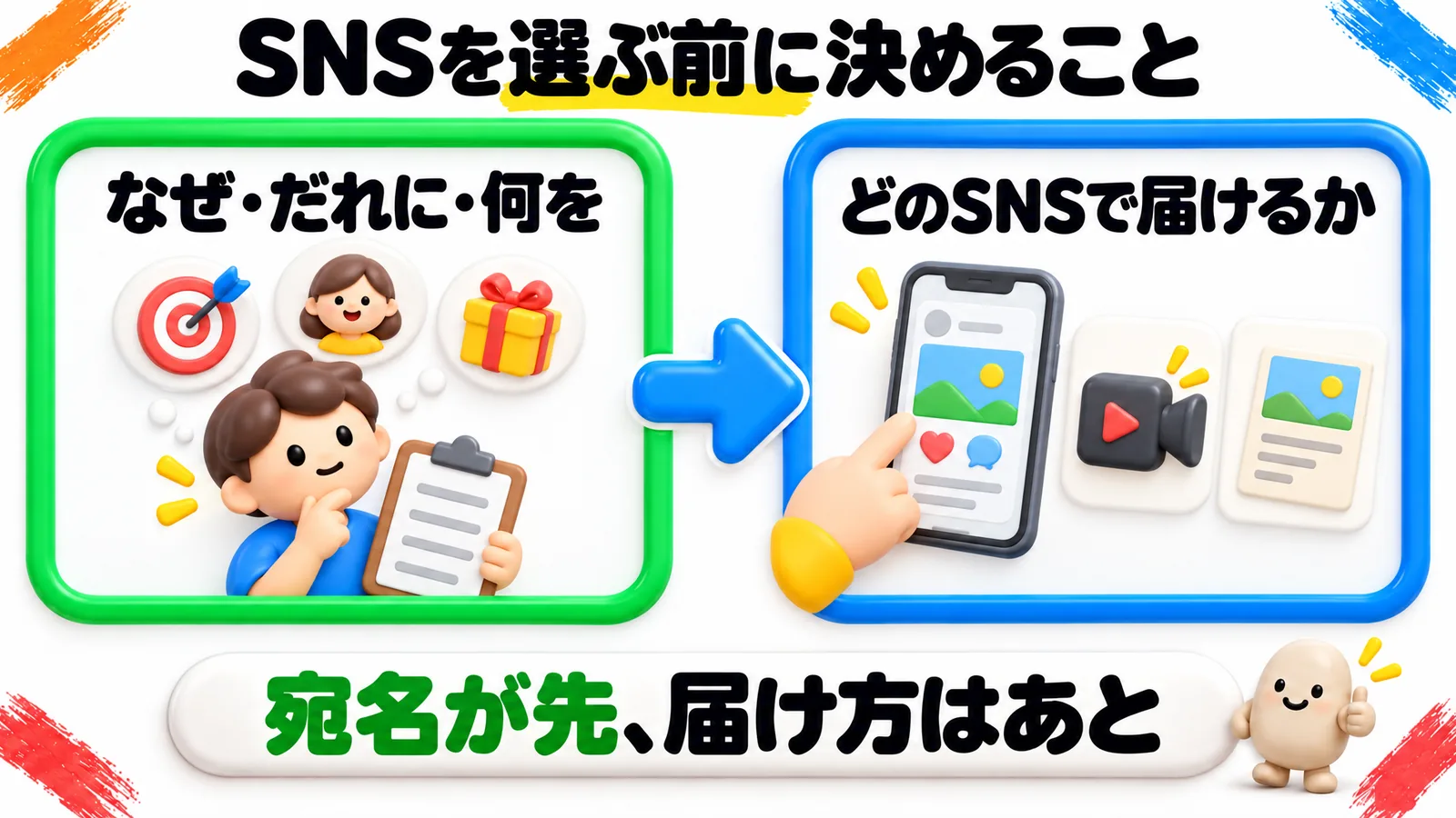 「SNSを選ぶ前に決めること」という見出しの図解で、緑の枠の「なぜ・だれに・何を」から、青の枠の「どのSNSで届けるか」へ矢印でつながっている。下の帯に「宛名が先、届け方はあと」。