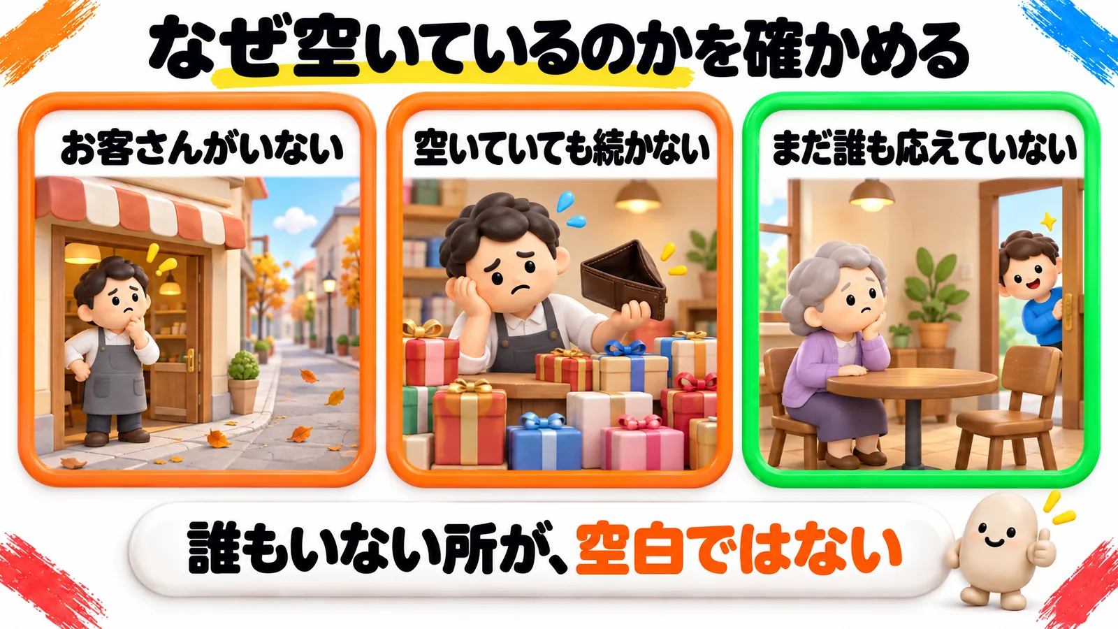 「なぜ空いているのかを確かめる」という見出しの図解で、オレンジの枠「お客さんがいない」（人通りのない通りで、お店の入り口から首をかしげて辺りを見回す店主さん）、オレンジの枠「空いていても続かない」（きれいに包んだ品物が山積みのカウンターで、空っぽの財布を手にぐったりする店主さん）、緑の枠「まだ誰も応えていない」（小さなテーブルにひとりで座る年配の女性に、男の子が気づいてほほえんでいる）の3つが並んでいる。下の帯に「誰もいない所が、空白ではない」。