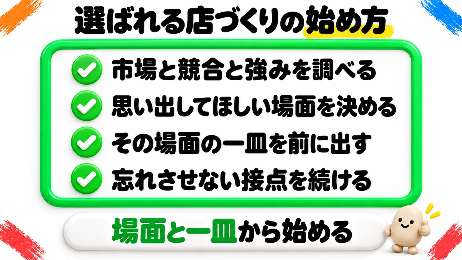 「選ばれる店づくりの始め方」という見出しの図解で、チェックの付いた4つの項目「市場と競合と強みを調べる」「思い出してほしい場面を決める」「その場面の一皿を前に出す」「忘れさせない接点を続ける」が上から順に並んでいる。下の帯に「場面と一皿から始める」。
