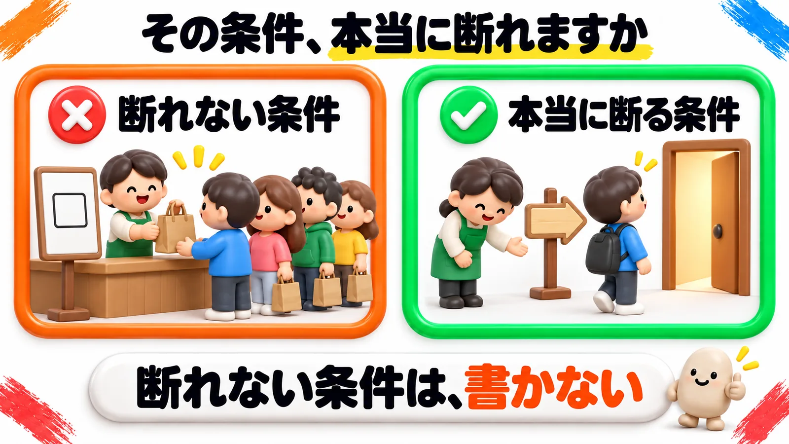 「その条件、本当に断れますか」という見出しの図解で、オレンジの枠の「断れない条件」（条件の札を出しているのに、並んだ人みんなに売ってしまう店）と、緑の枠の「本当に断る条件」（合わない人にていねいにお断りして、別の行き先を案内する店）を比べている。下の帯に「断れない条件は、書かない」。