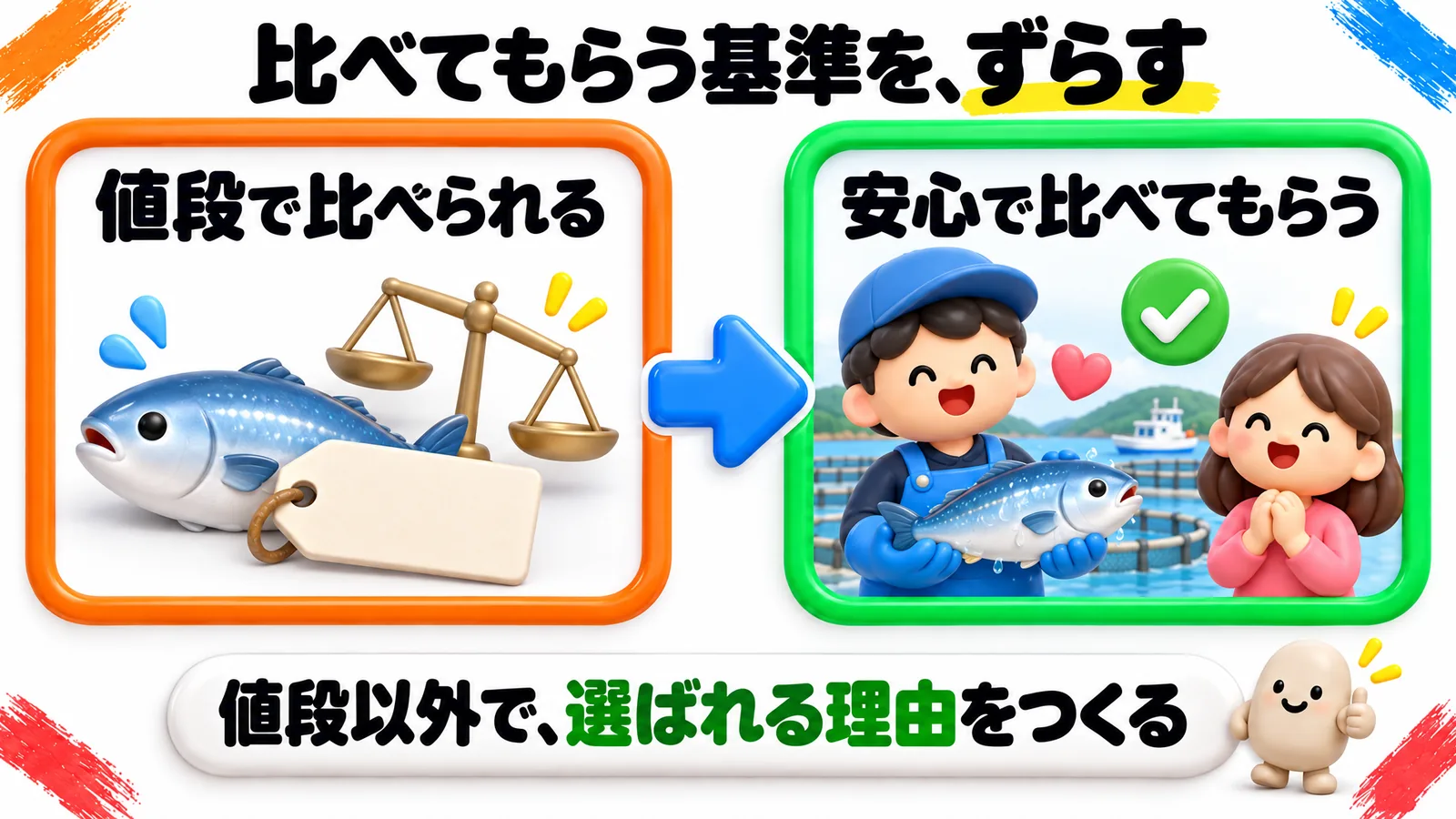 「比べてもらう基準を、ずらす」という見出しの図解。左のオレンジの枠「値段で比べられる」から、矢印で右の緑の枠「安心で比べてもらう」へつながっている。下の帯に「値段以外で、選ばれる理由をつくる」。