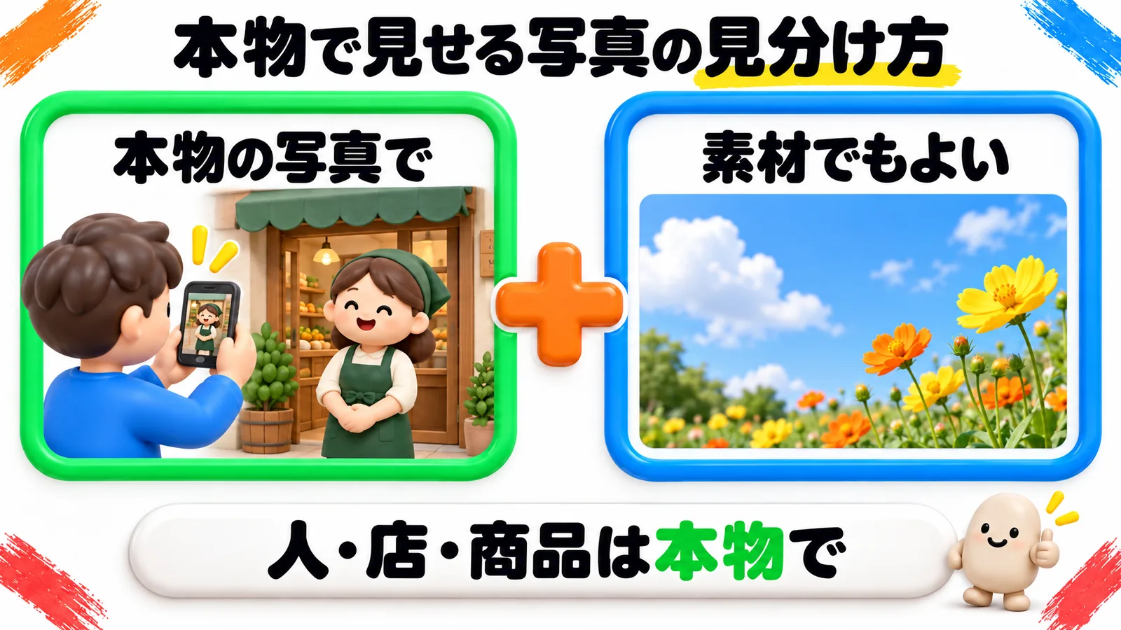 「本物で見せる写真の見分け方」という見出しの図解で、緑の枠「本物の写真で」(男の子がスマートフォンで、お店の入り口に立つエプロン姿の店主さんを撮っている)と、青の枠「素材でもよい」(青空と季節の花だけが写った横長の写真)がプラスでつながっている。下の帯に「人・店・商品は本物で」。