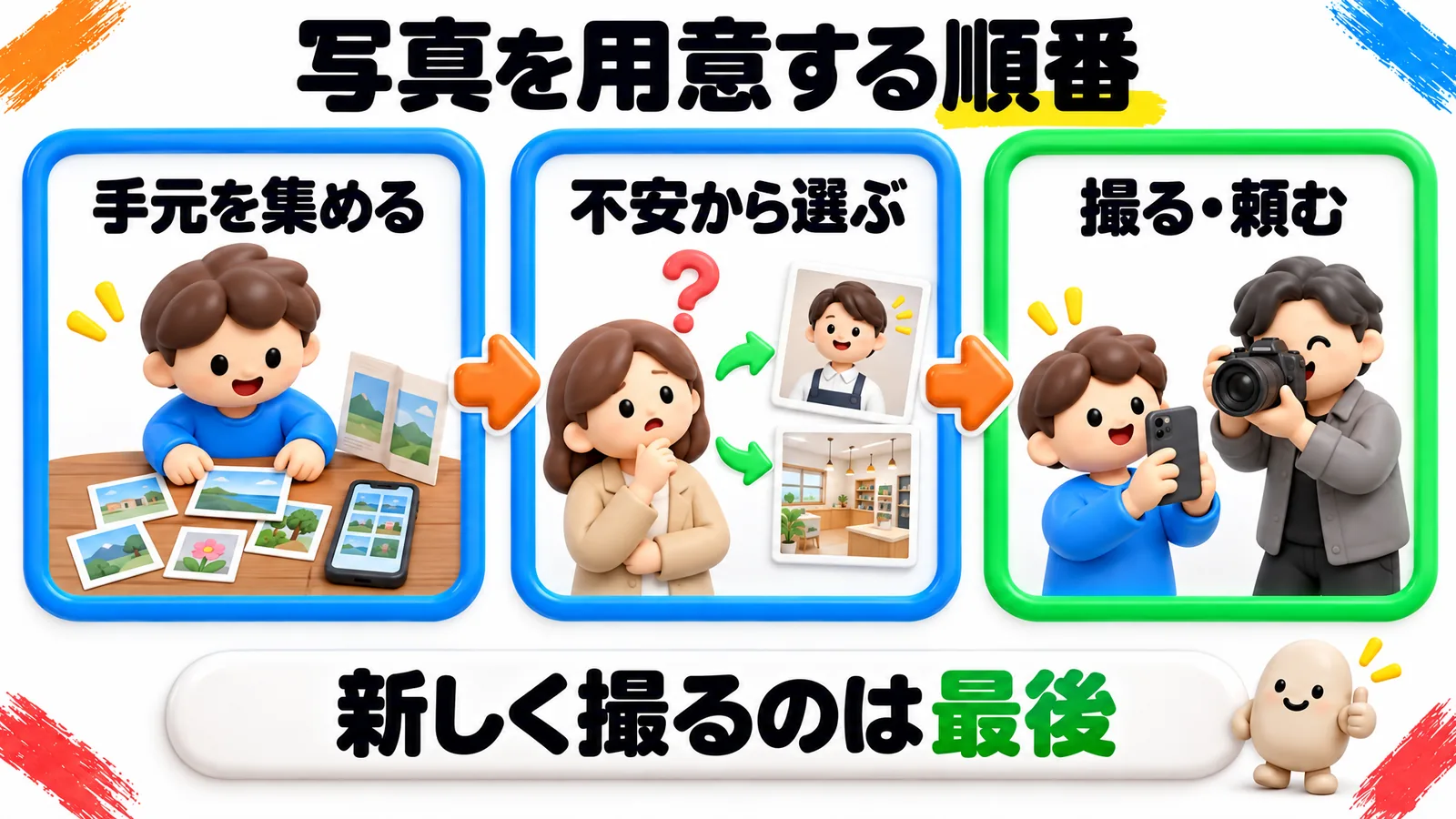 「写真を用意する順番」という見出しの図解で、3つの枠が矢印でつながっている。青の枠「手元を集める」(男の子が机に写真やチラシ、スマートフォンを並べている)から、青の枠「不安から選ぶ」(はてなマークを浮かべたお客さんに、スタッフの顔と店内の写真が答えている)へ、さらに緑の枠「撮る・頼む」(スマートフォンを構える男の子と、カメラを持つカメラマン)へ。下の帯に「新しく撮るのは最後」。